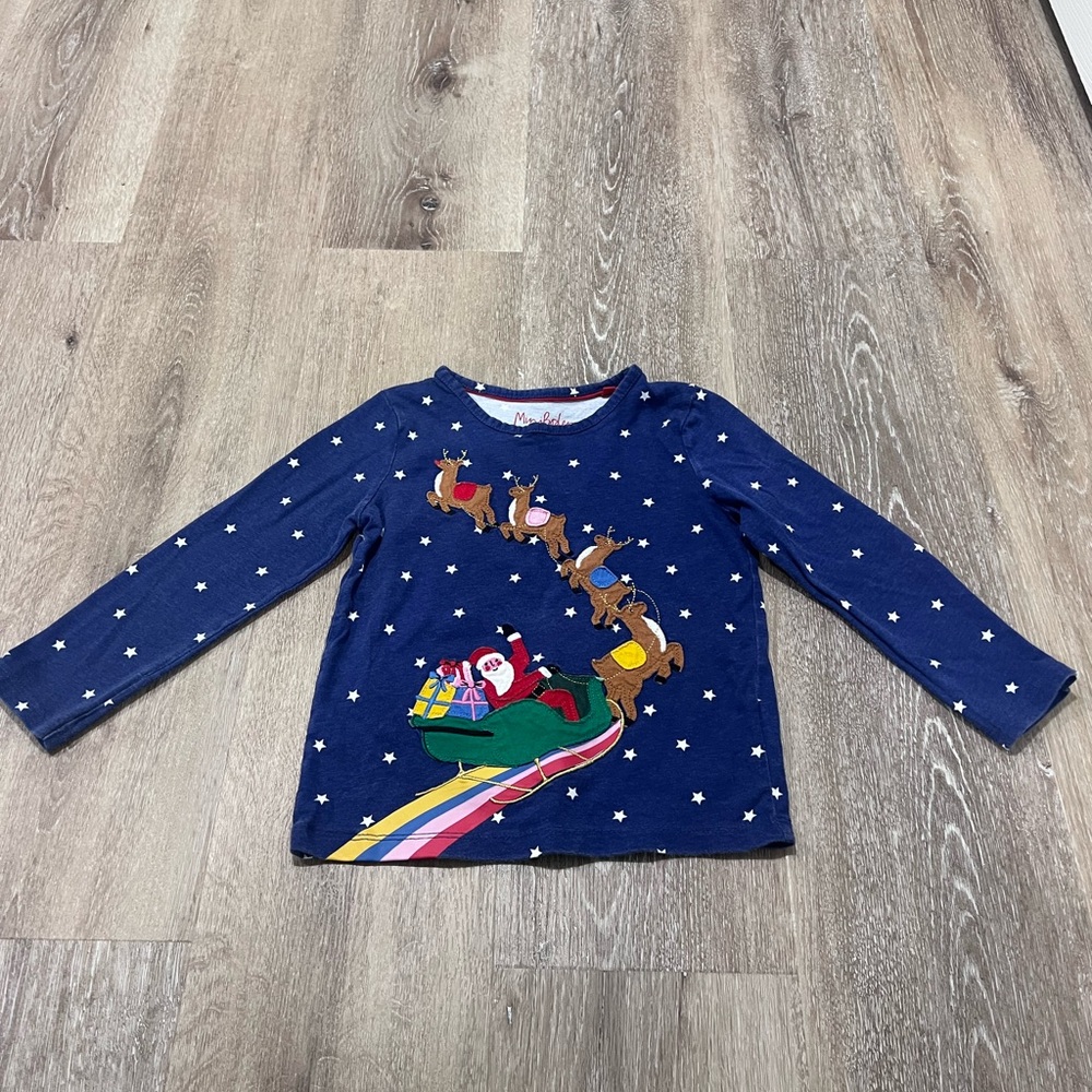 Mini Boden Blue Long Sleeve Tee with Santa and Reindeer